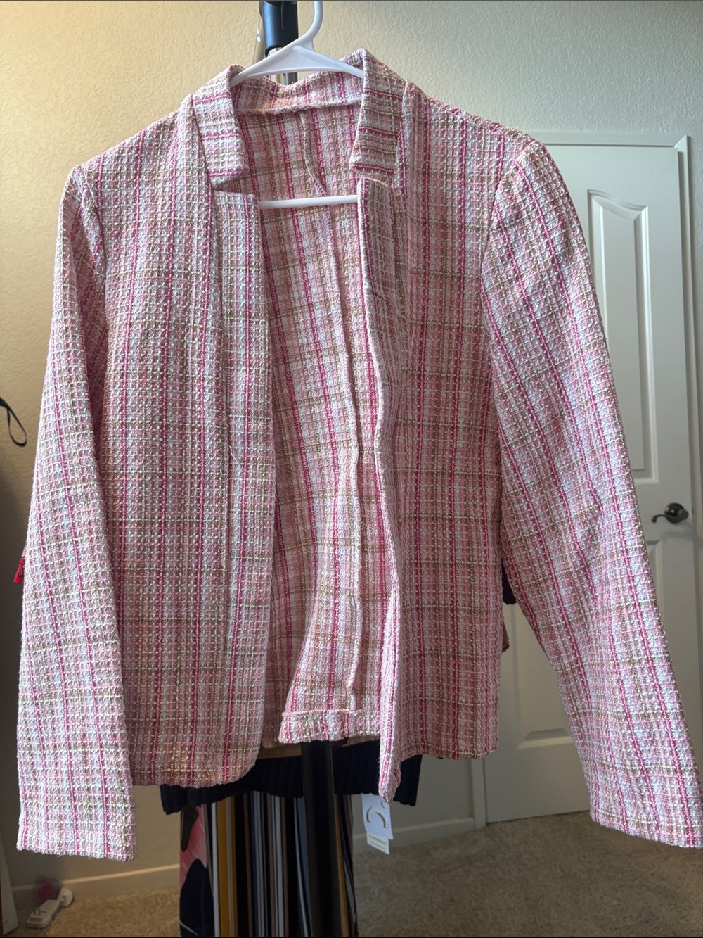 SHEIN Pink Plaid Open-Front Tweed Blazer